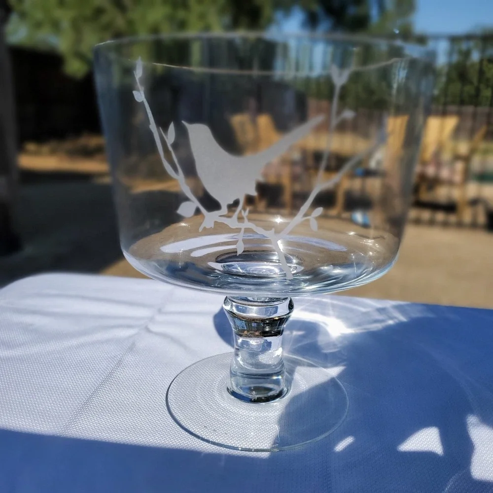 Beautifully Etched Glass‎ Pedestal Trifle Dish-Bird On A Limb ☆ VERY UNIQUE/RARE
